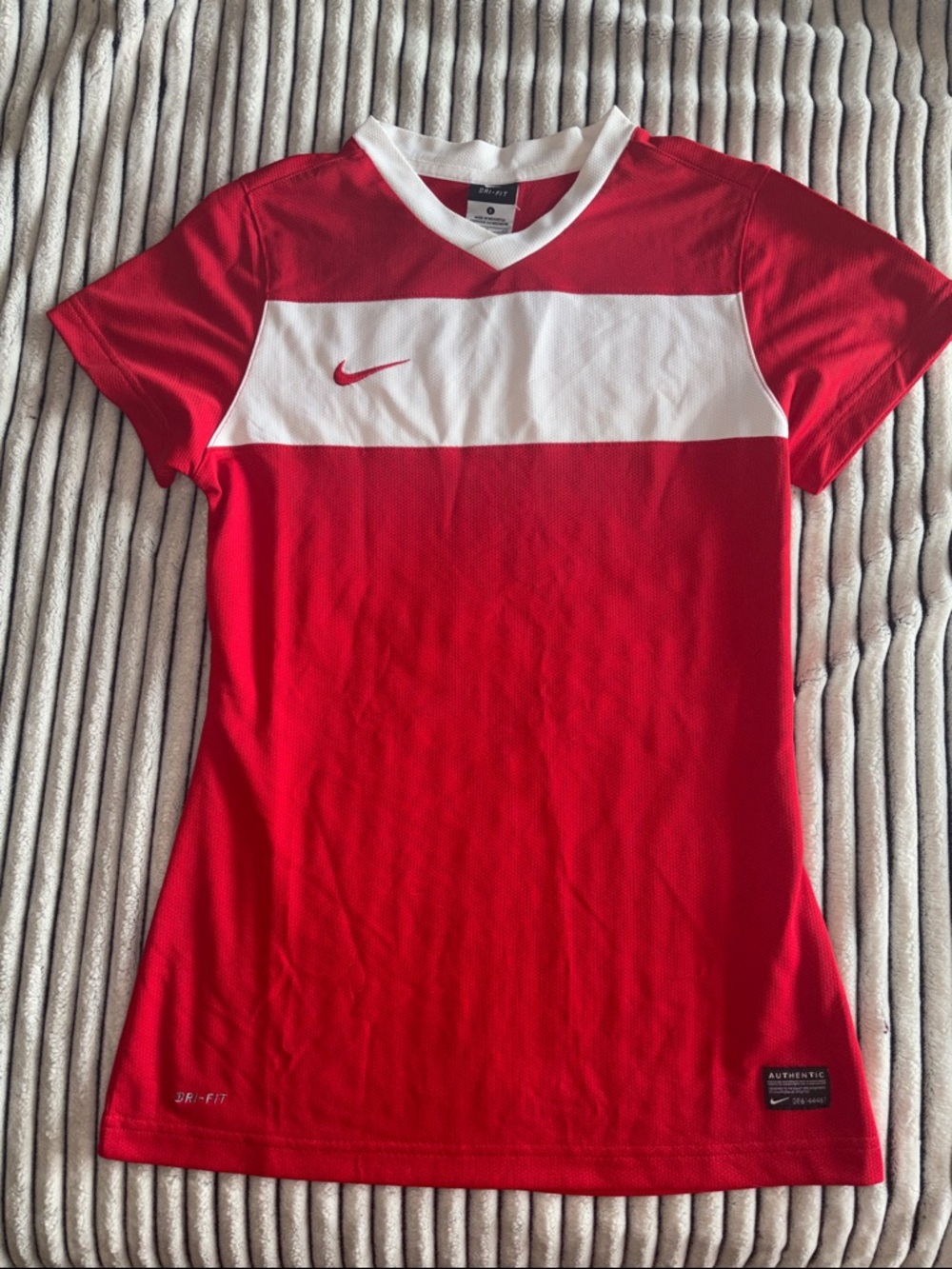 Nike Women’s Red Short-Sleeve Athletic Jersey with White Chest Panel